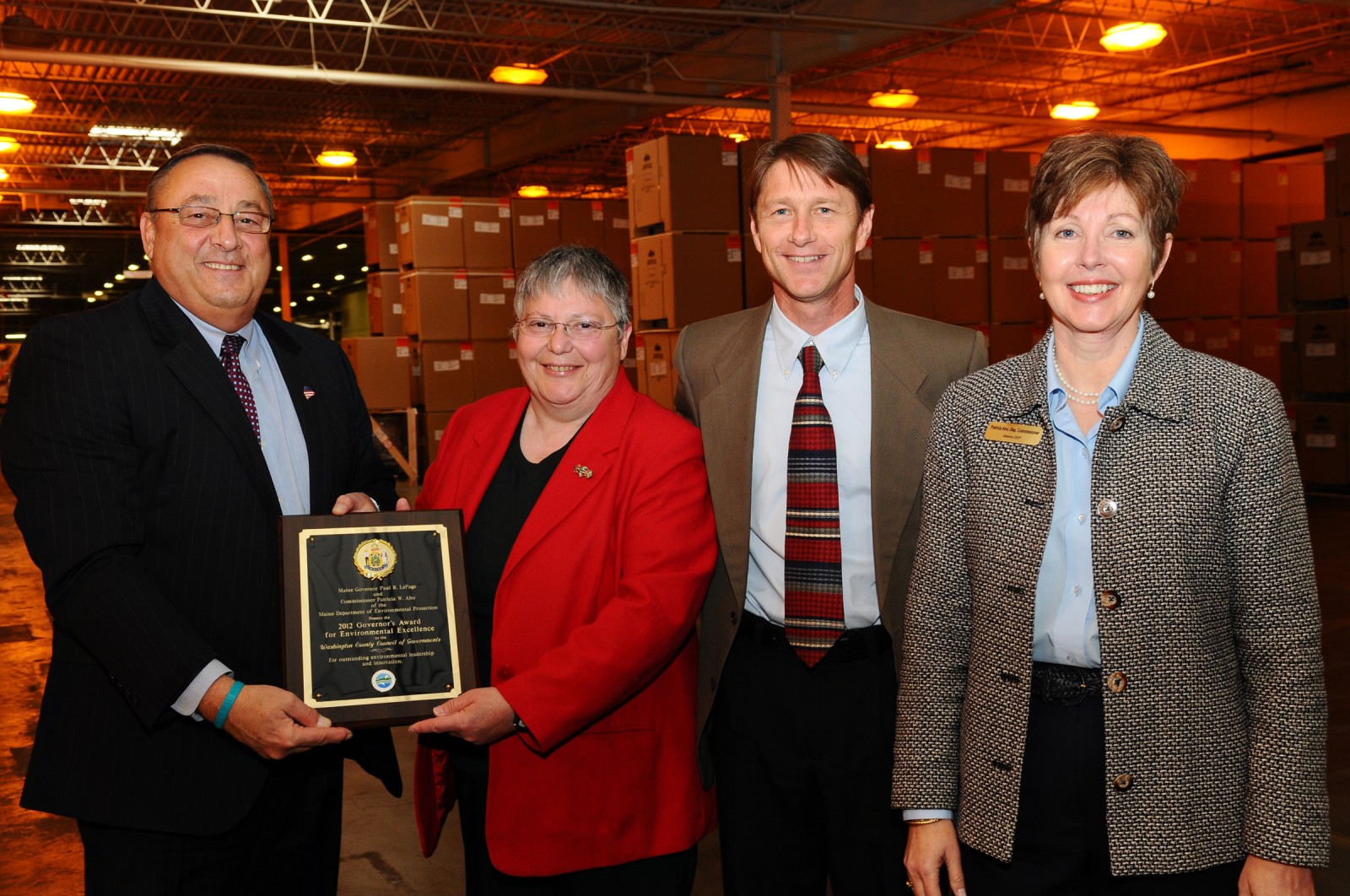 2012 Governor's Award for Environmental Excellence in the Public Sector to WCCOG; Governor Paul Lepage, WCCOG Board President Betsy Fitzgerald, GEI Brownfields Consultant Todd Coffin, Maine DEP Commissioner Patricia Aho